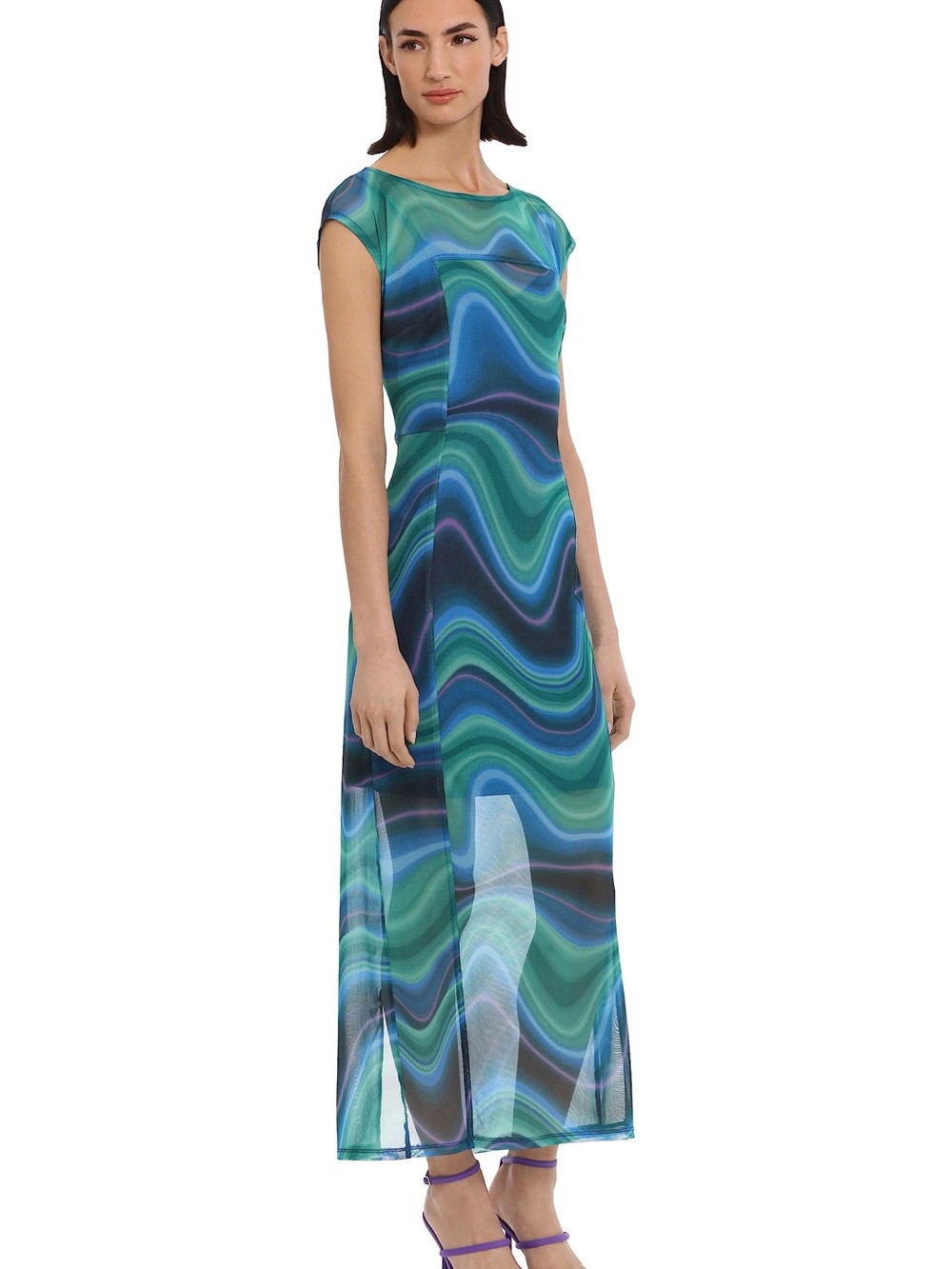 Donna Morgan Women's Blue Wave-Print Mesh Maxi Dress Size 8